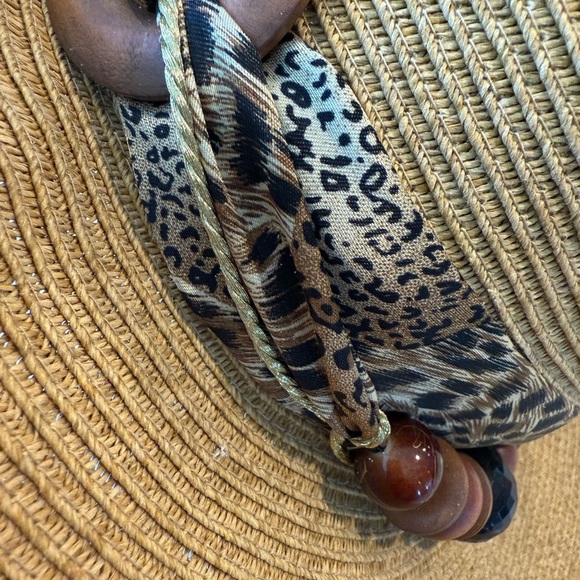 Cappelli Straworld Wide Brim Animal Print Scarf Beaded Sun Hat One Size - Picture 12 of 12